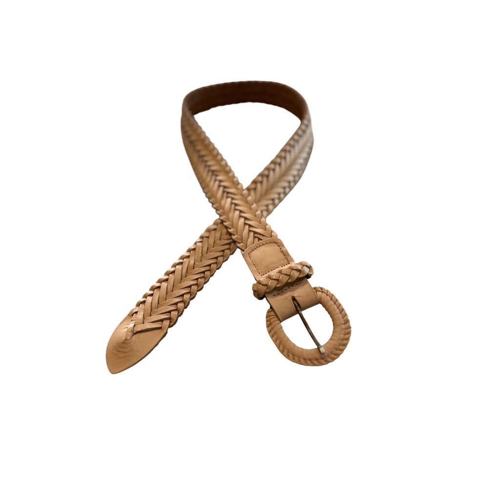 Braided Tan Ivory Leather Belt Round Buckle Made in Mexico Small